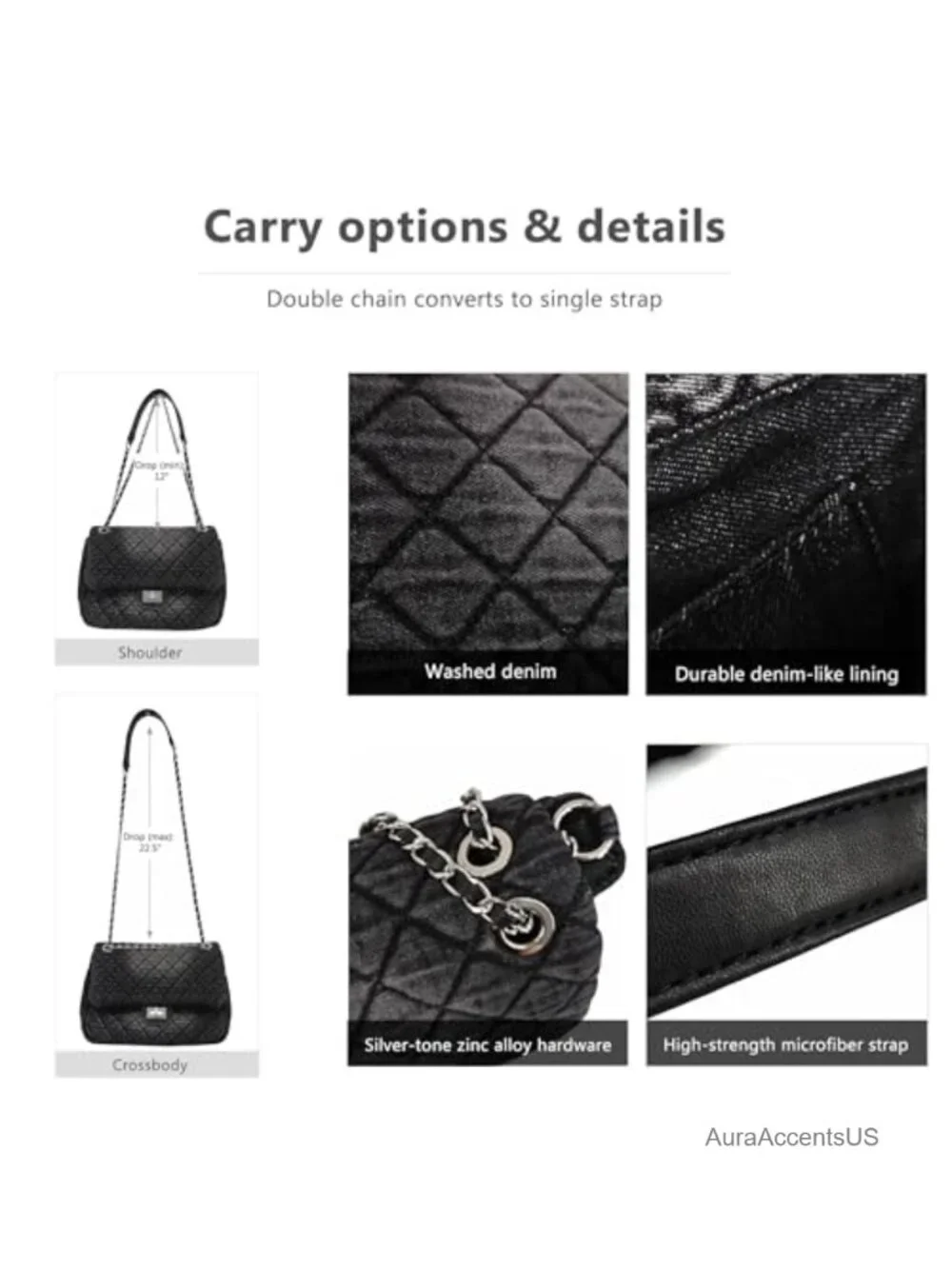 Quilted Washed Denim Hobo Bag Women Lightweight Double Chain Shoulder Padded